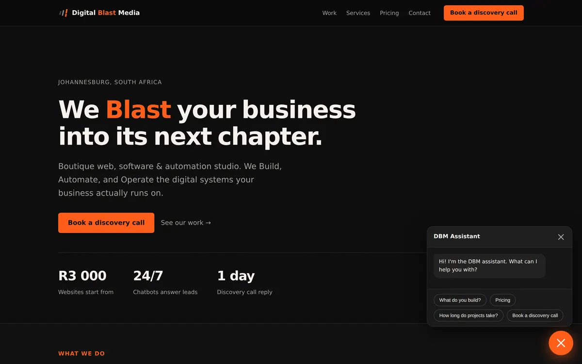 The DBM Assistant chatbot open on the Digital Blast Media homepage, showing quick-reply options for services, pricing and booking a call.